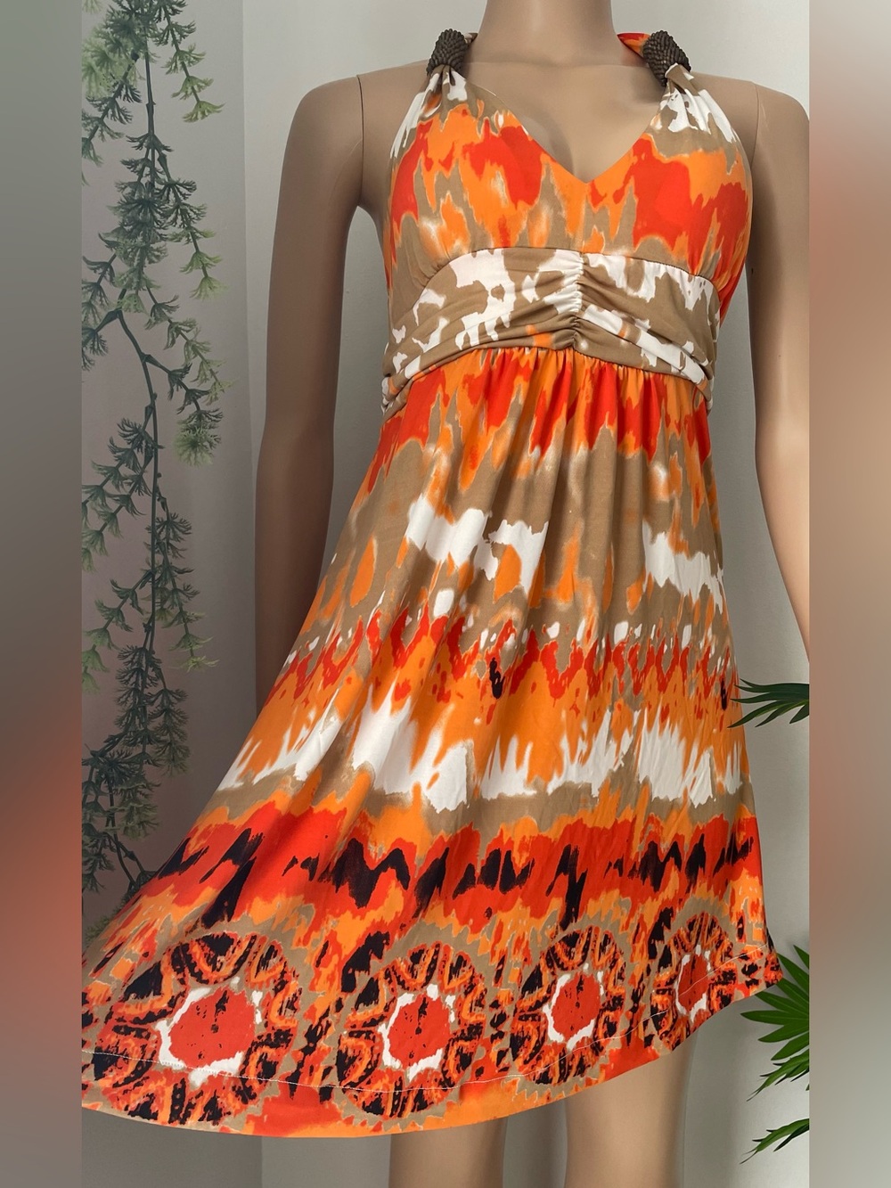 Cristinalove Orange, Tan & White Halter V-Neck Mini Dress